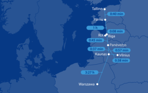 mapa trasy hotové Rail Baltica s dobou cesty mezi vybranými městy