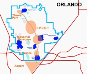 Dnes EPCOT existuje jako jeden ze čtyř zábavních parků na Floridě, ale původní plány Walta Disneyho se nikdy neuskutečnily. Plány z roku 1966 jsou zobrazeny oranžově, současná realizace modře.