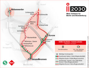plán rozšíření železnice v severní části Berlína k roku 2030