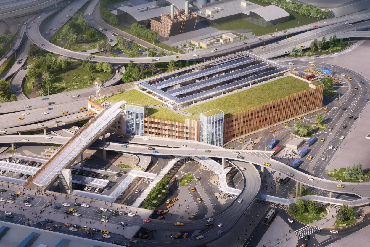 Nové velké parkoviště na letišti JFK v New Yorku s dopravním centrem. Vizualizace Skanska