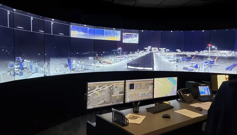 Systém Saab Virtual Ramp Control System, ve kterém jsou zobrazeny produkty Saab Digital Tower a Aerobahn. Foto SAAB