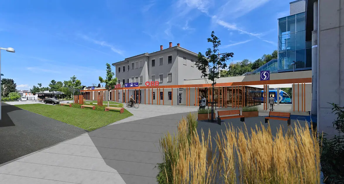 Modernizované vlakové nádraží Steyr s otevřeným přístupem a zeleným nádvořím Autor vizualizace © ÖBB