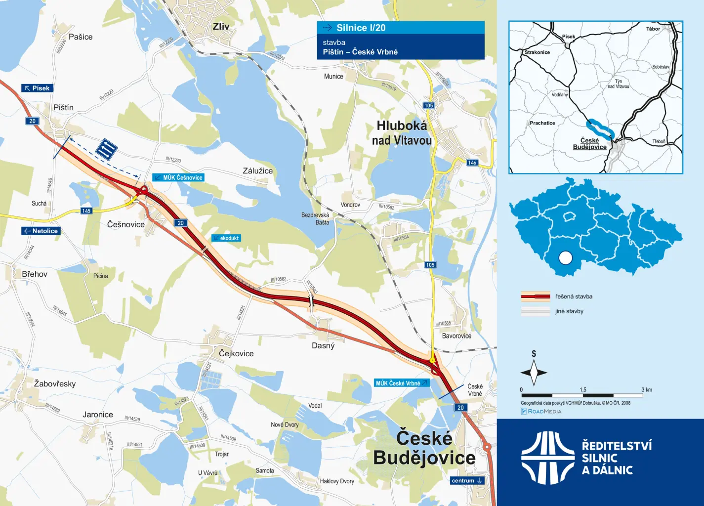 mapa stavby přeložky silnice I/20 od Českých Budějovic. Zdroj ŘSD