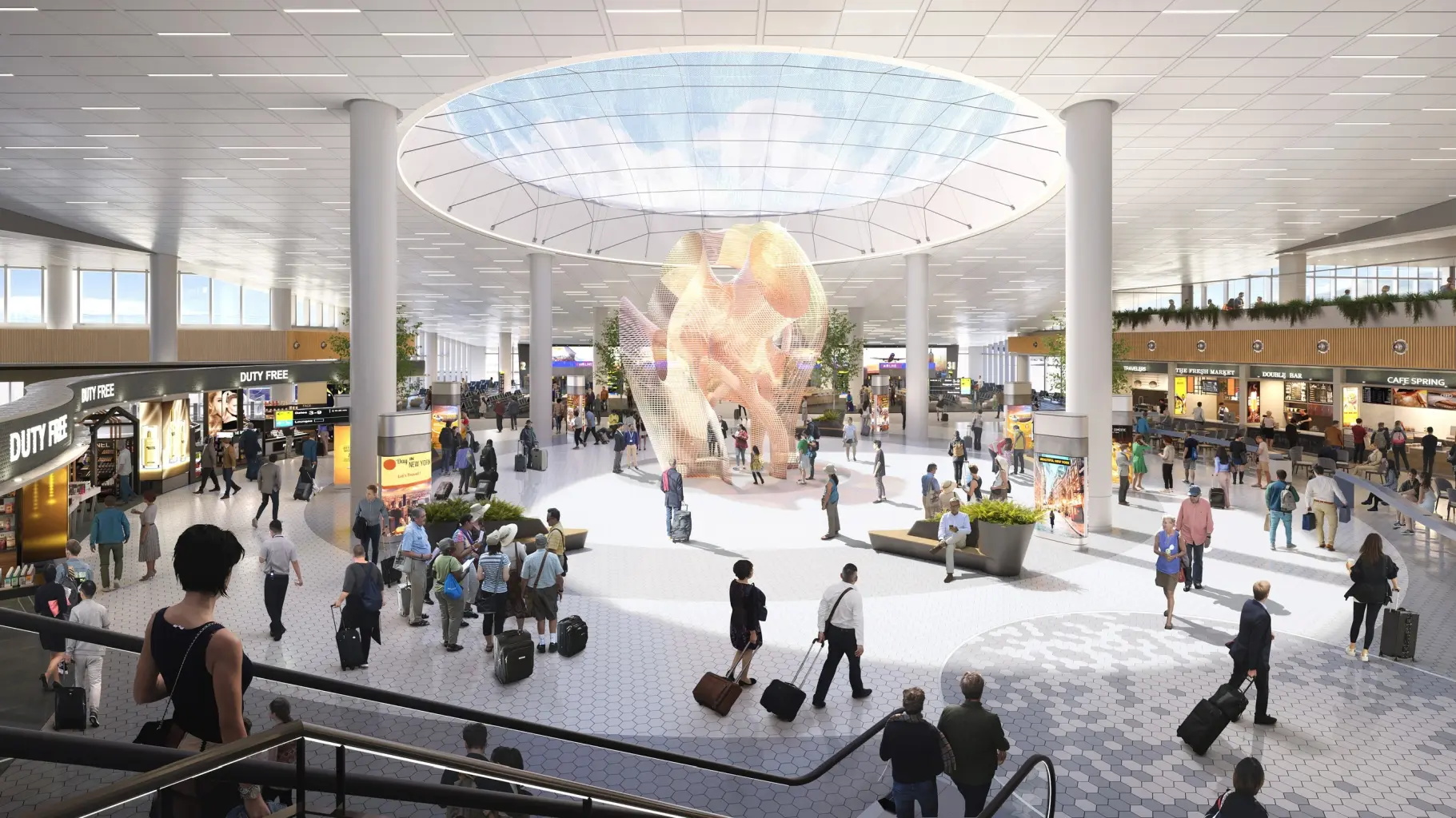 Vizualizace nákupní a stravovací haly Grand Hall v budoucím terminálu 6 letiště JFK © JFK Millennium Partners