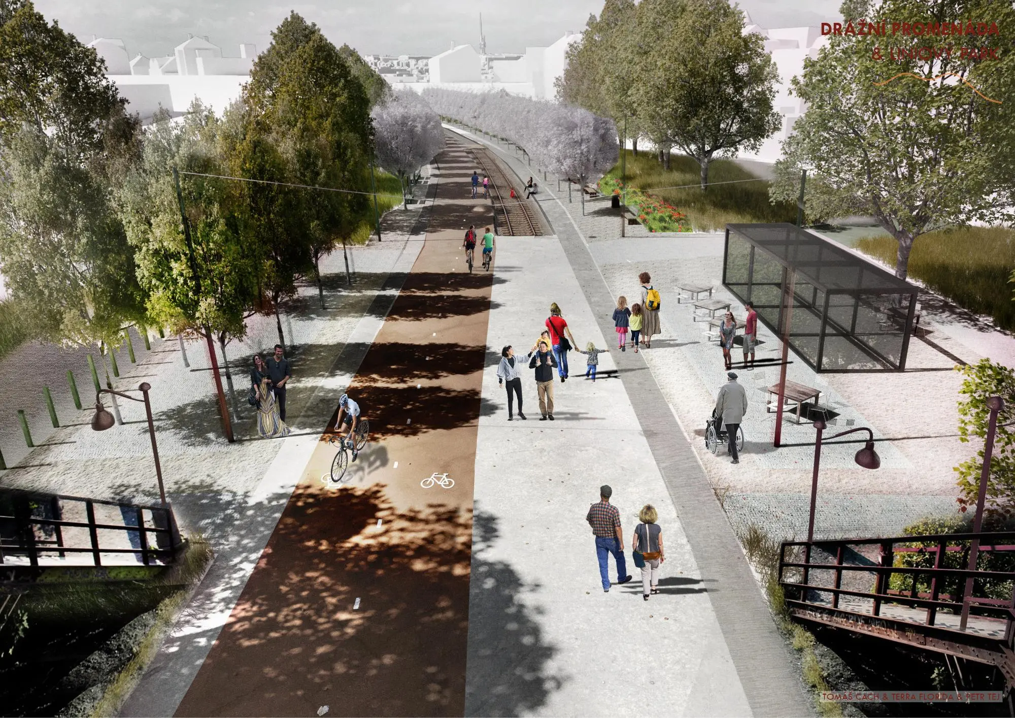 Vizualizace Drážní promenády a liniového parku Autor: studie Drážní promenáda & liniový park (Tomáš Cach + TERRA FLORIDA + Petr Tej, 2020/09)