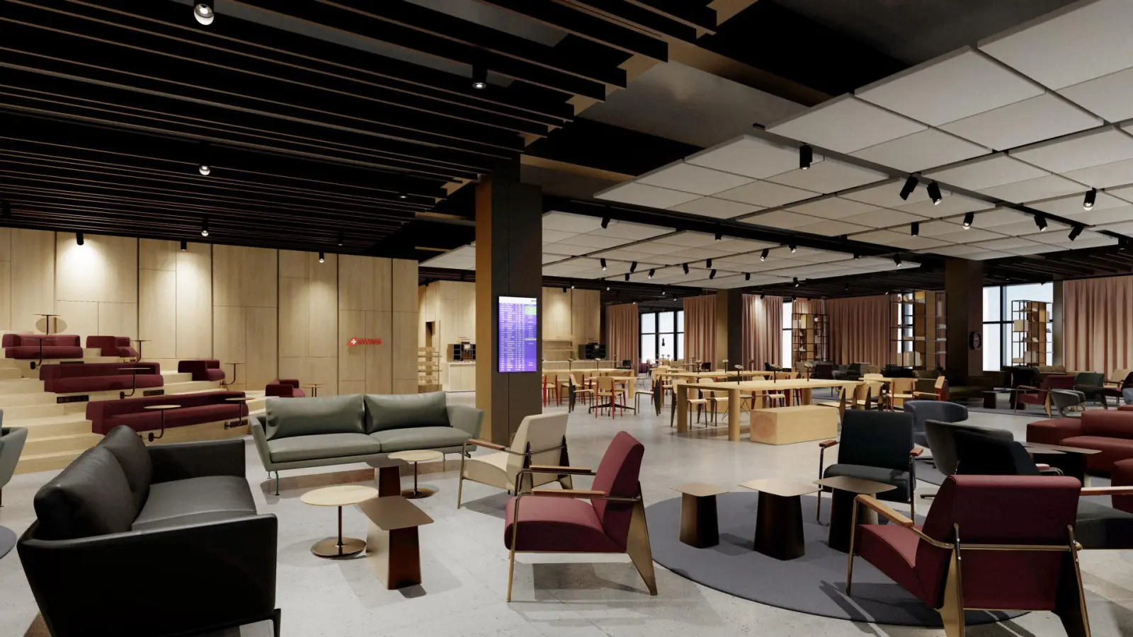 Business Lounge otevřený prostor s výhledem na hory a ranvej 34. Vizualizace Swiss